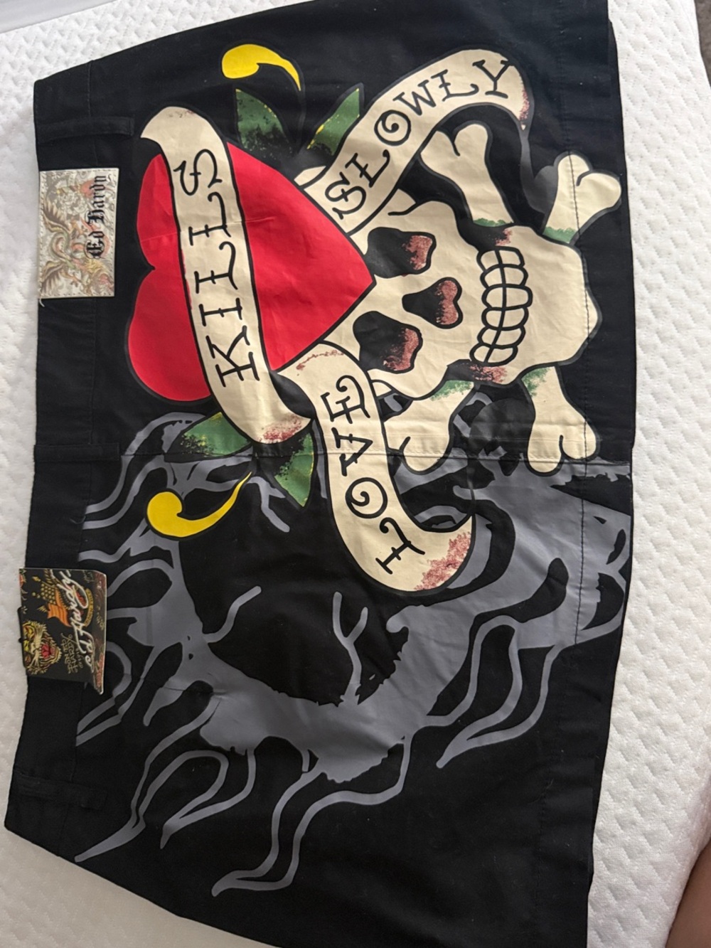 Ed Hardy Black Banner with Red Heart and Cream Skull
